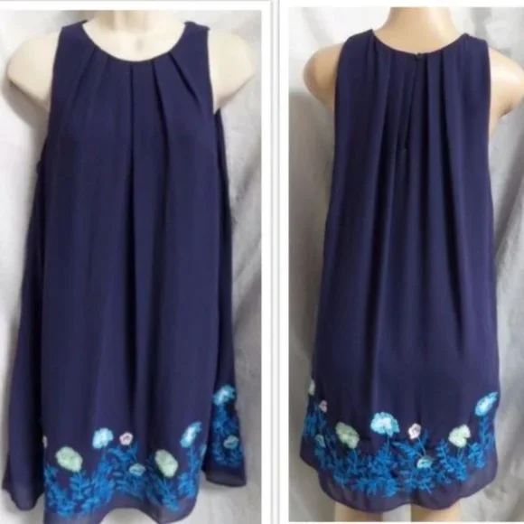 "LOFT" BLUE FLORAL EMBROIDERED SLEEVELESS BOHO SWING TRAPEZE DRESS SZE: 2P NWT - Picture 5 of 5